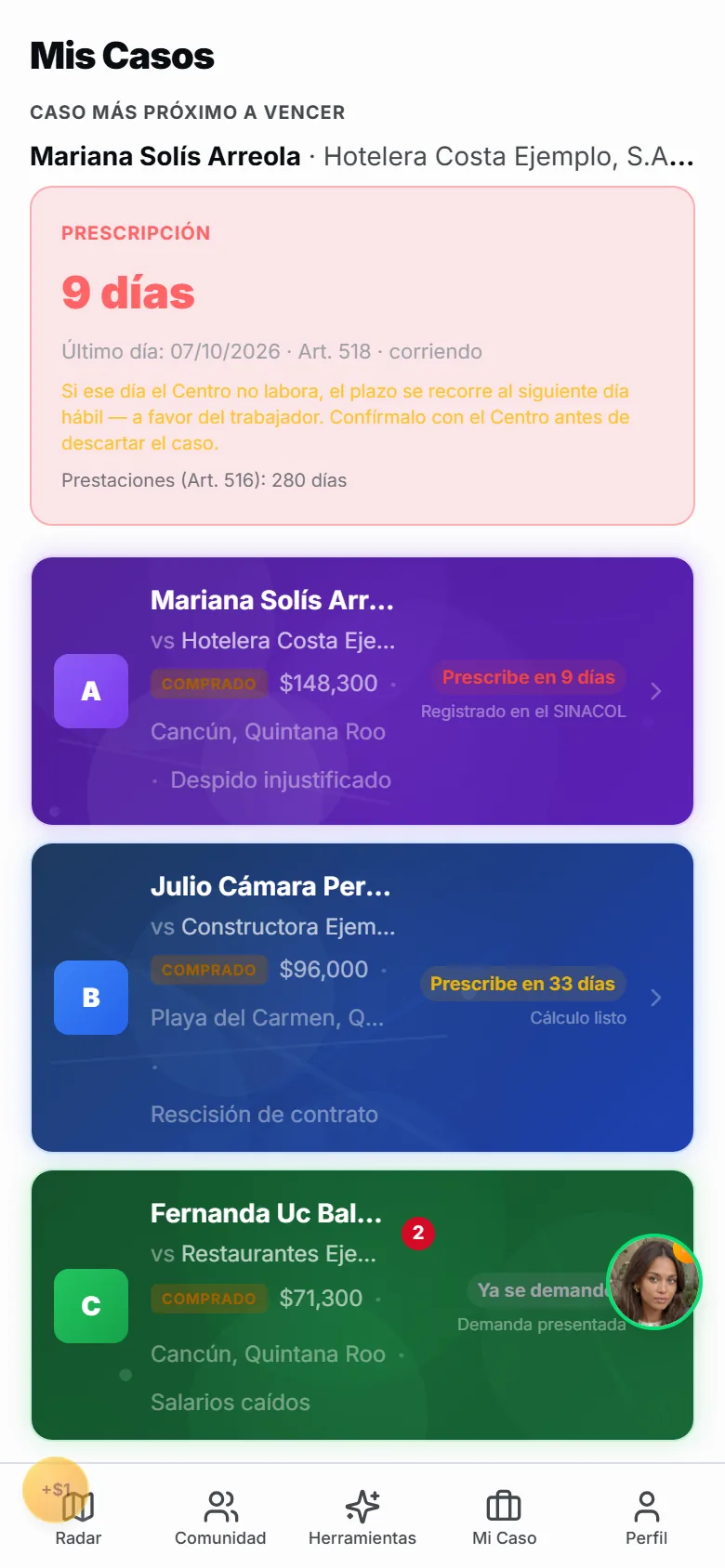 Tablero Mis casos en un teléfono: el caso más próximo a vencer y cada caso con su plazo de prescripción