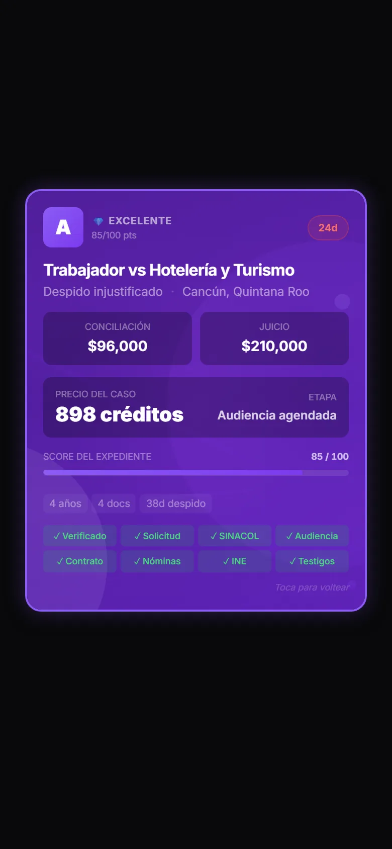 Tarjeta de un caso en la app: nivel A, 85 puntos del score sobre 100, ciudad y montos de conciliación y juicio