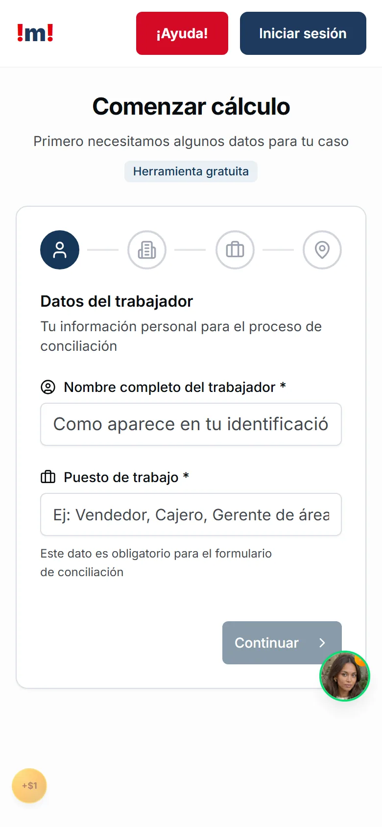Primer paso de la calculadora de liquidación en un teléfono