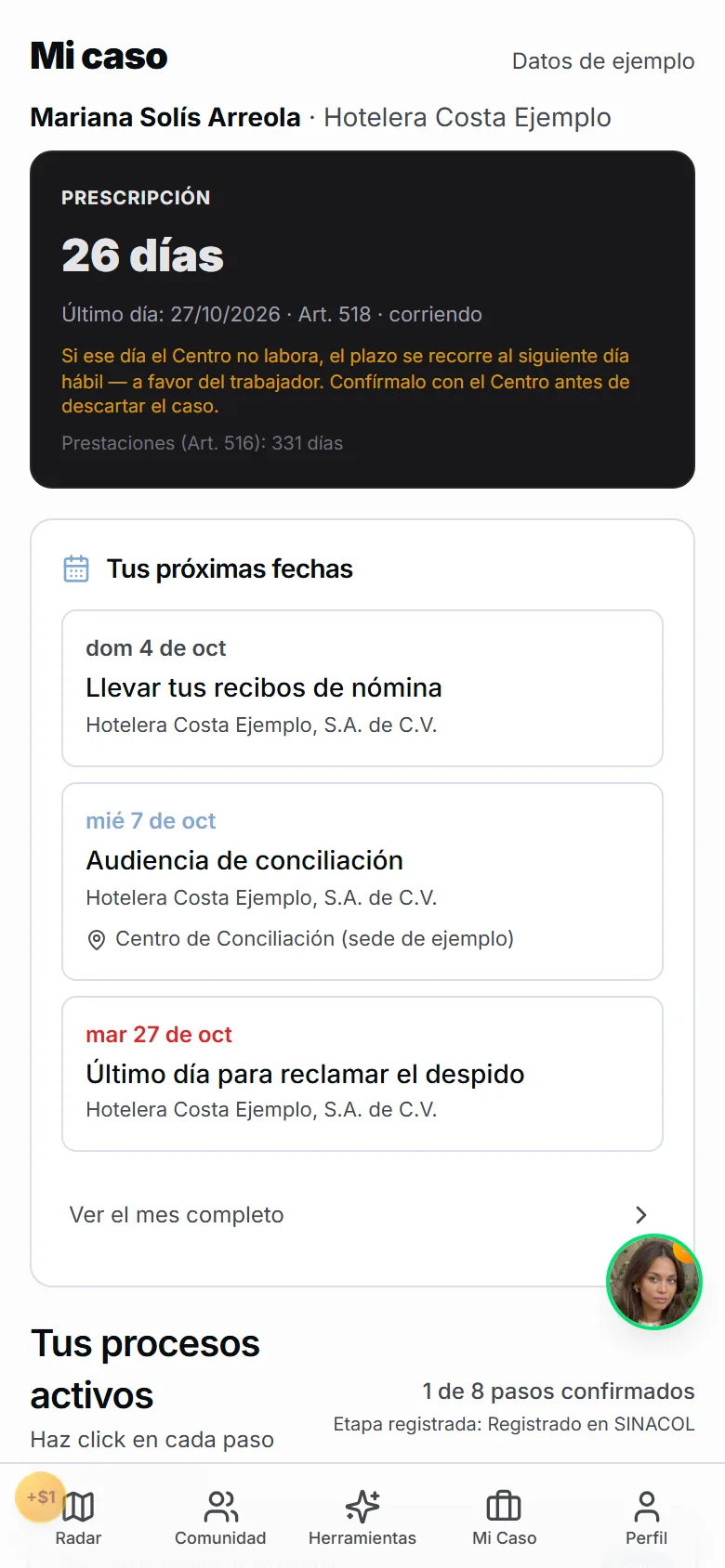 Panel de Mi caso en un teléfono: el plazo para reclamar, las próximas fechas y los pasos del caso