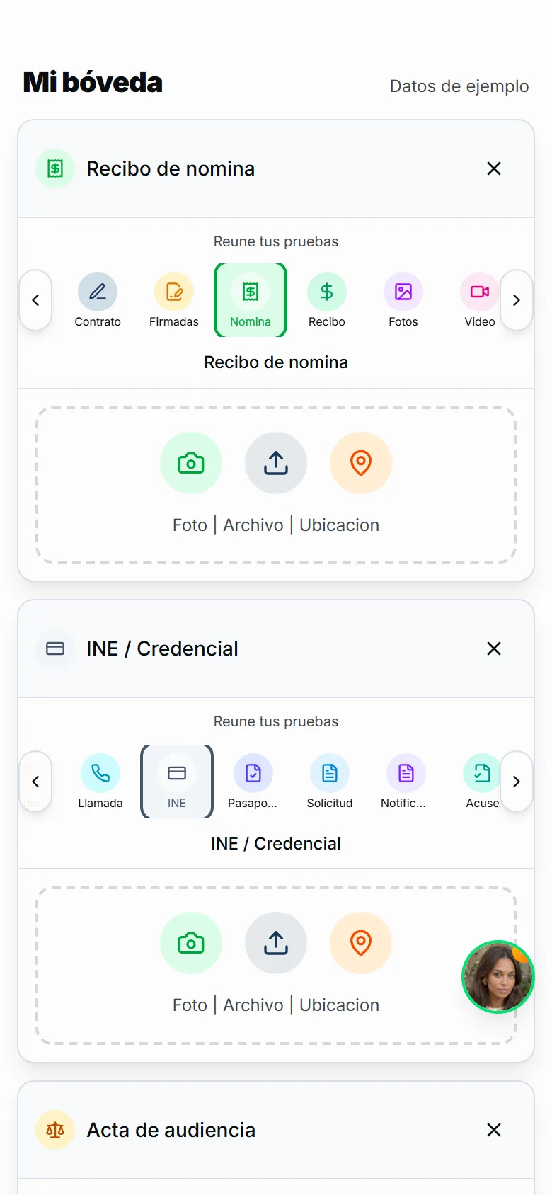 Bóveda del trabajador en un teléfono: el cargador con los tipos de documento y evidencia que se pueden subir, como contrato, recibos de nómina, fotos, video, audio, INE y actas